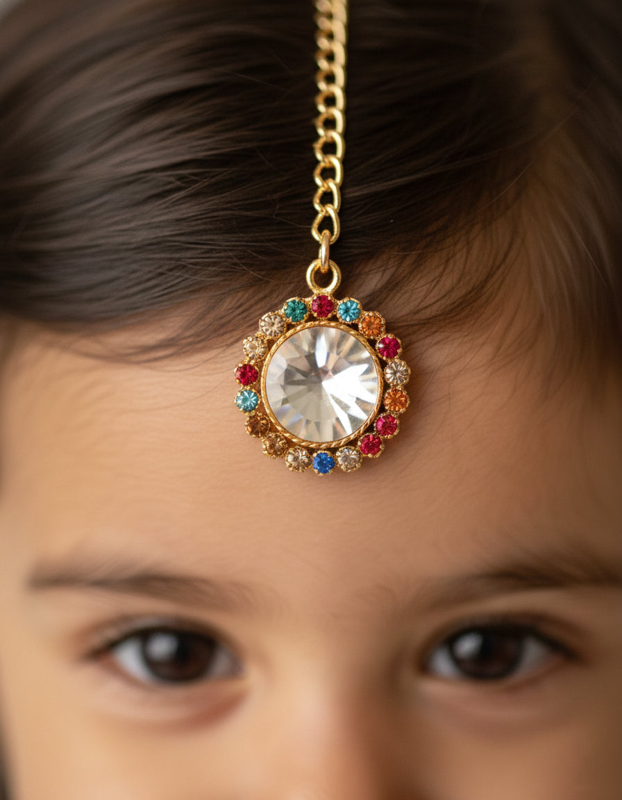 Choko Girls Set of 2 Multicolor Round Crystal Stone Maang Tikka