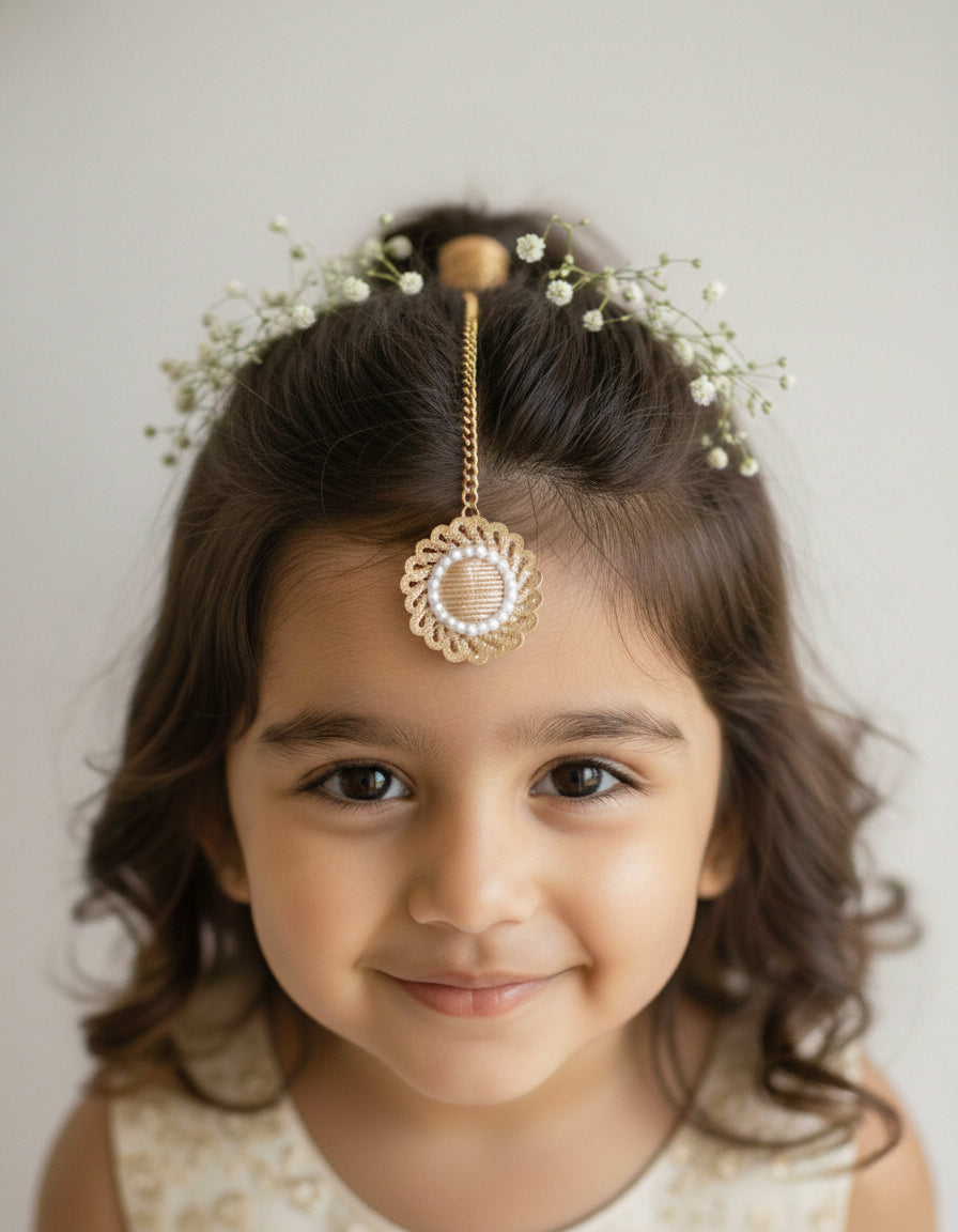 Choko Girls Set of 2 Gold & Silver Gota Patti Pearl Border Maang Tikka