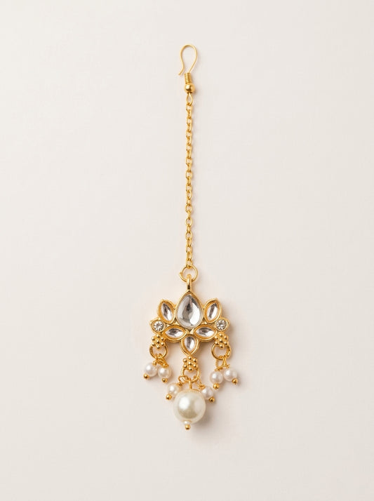 Choko Girls White Kundan Studded Pearl Drop Maang Tikka