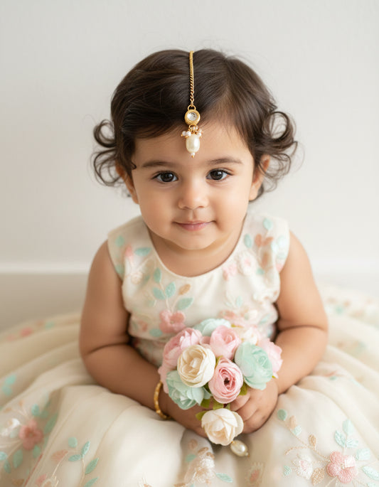 Choko Girls White Round Kundan Large Pearl Drop Maang Tikka