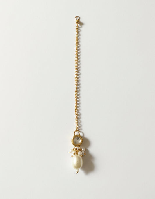Choko Girls White Round Kundan Large Pearl Drop Maang Tikka