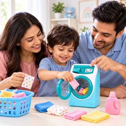 iLearnNGrow Pretend Play Washing Machine Toy for Kids | Light, Sound & Rotating Drum Effects | Interactive Household Appliance Role Play Toy for Boys & Girls 3+ Years