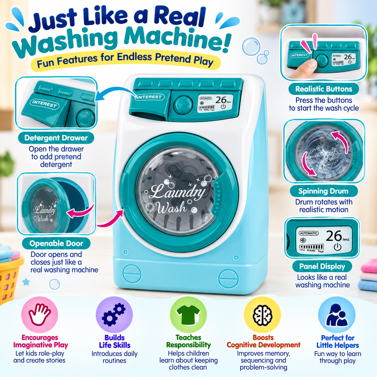 iLearnNGrow Pretend Play Washing Machine Toy for Kids | Light, Sound & Rotating Drum Effects | Interactive Household Appliance Role Play Toy for Boys & Girls 3+ Years