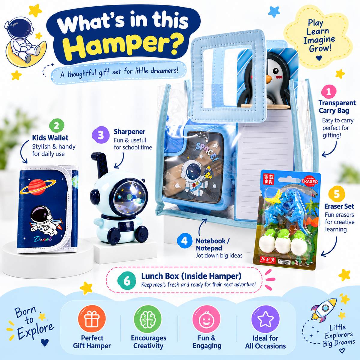 iLearnNGrow Space Gift Hamper for Kids - Blue School Bag Set