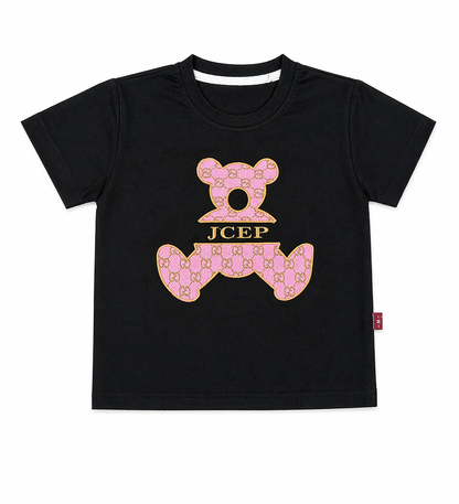 Kozeecub Premium Kids Co-ord Set – Bear Graphic Tee & Monogram Shorts (Black & Pink)