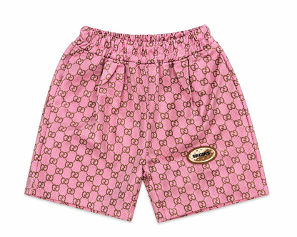 Kozeecub Premium Kids Co-ord Set – Bear Graphic Tee & Monogram Shorts (Black & Pink)
