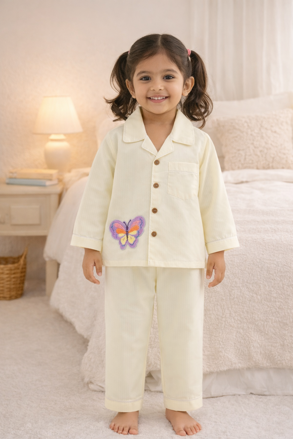 Premium Cotton Striped Kids Nightsuit Set with Butterfly Patch – Cream Yellow