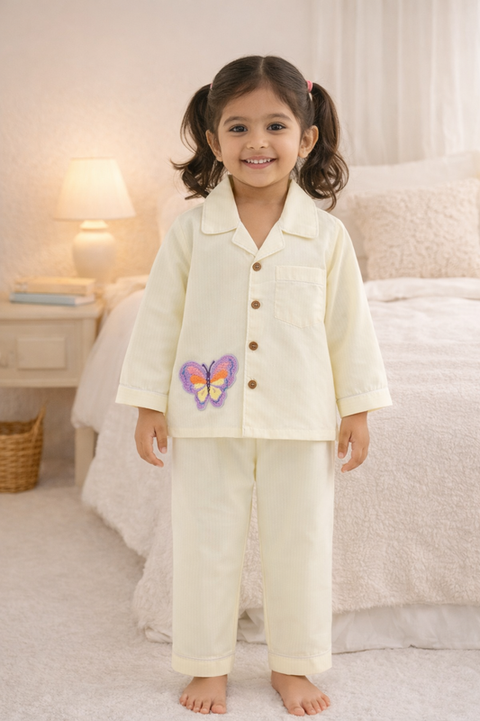 Premium Cotton Striped Kids Nightsuit Set with Butterfly Patch – Cream Yellow