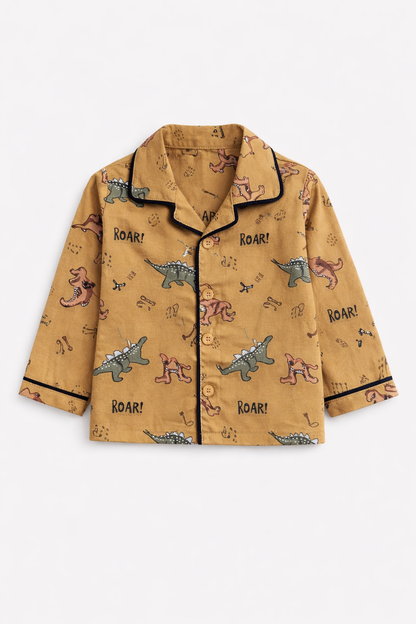 Boys Cotton Dinosaur Print Nightsuit Set (Shirt & Pajama) – Brown