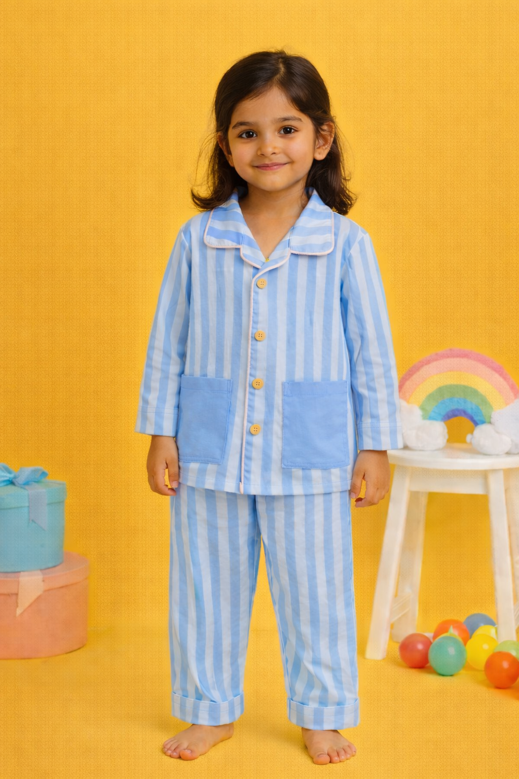 Cotton Striped Night Suit with Front Pockets - Blue