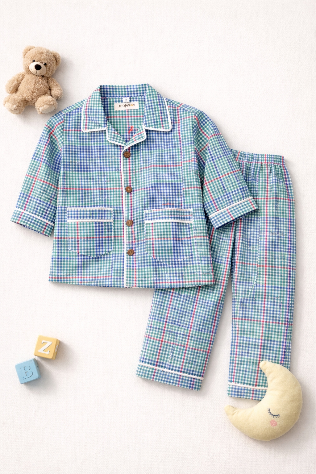 Kids Cotton Checkered Night Suit with Front Open Shirt