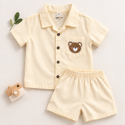 Cotton Co-ord Set with Teddy Patch Pocket | Butter Yellow Shirt & Shorts Beige for kids