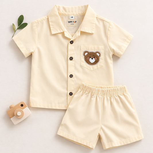 Cotton Co-ord Set with Teddy Patch Pocket | Butter Yellow Shirt & Shorts Beige for kids