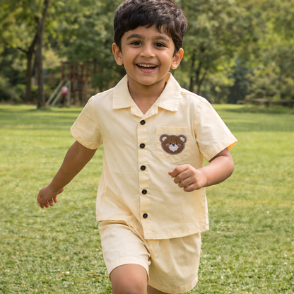 Cotton Co-ord Set with Teddy Patch Pocket | Butter Yellow Shirt & Shorts Beige for kids
