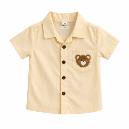Cotton Co-ord Set with Teddy Patch Pocket | Butter Yellow Shirt & Shorts Beige for kids