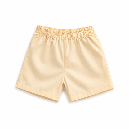 Cotton Co-ord Set with Teddy Patch Pocket | Butter Yellow Shirt & Shorts Beige for kids