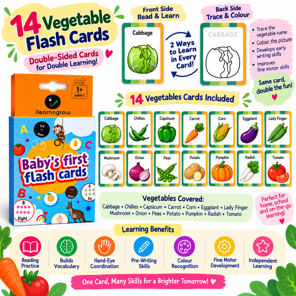 iLearnNGrow Baby’s First Vegetables Flash Cards – 28 Pc Educational Veggie Flash Card Set for Kids