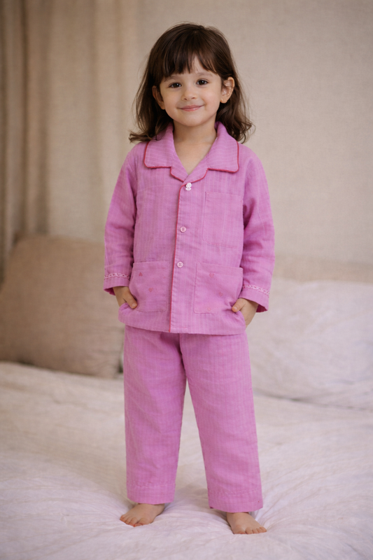 Pure Cotton Pink Full Sleeves Night Suit with Heart Pocket Detail