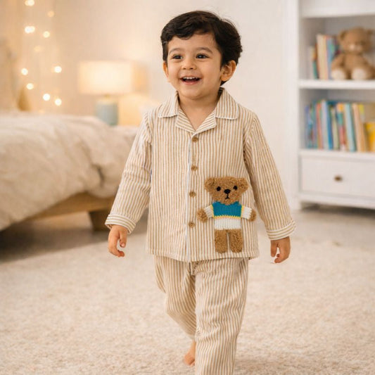 Beige Cotton Striped Teddy Patch Nightsuit Set