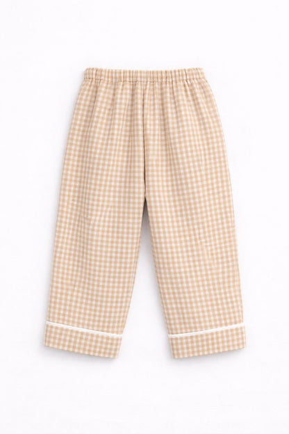 Cotton Checked Night Suit with Teddy Patch - Beige