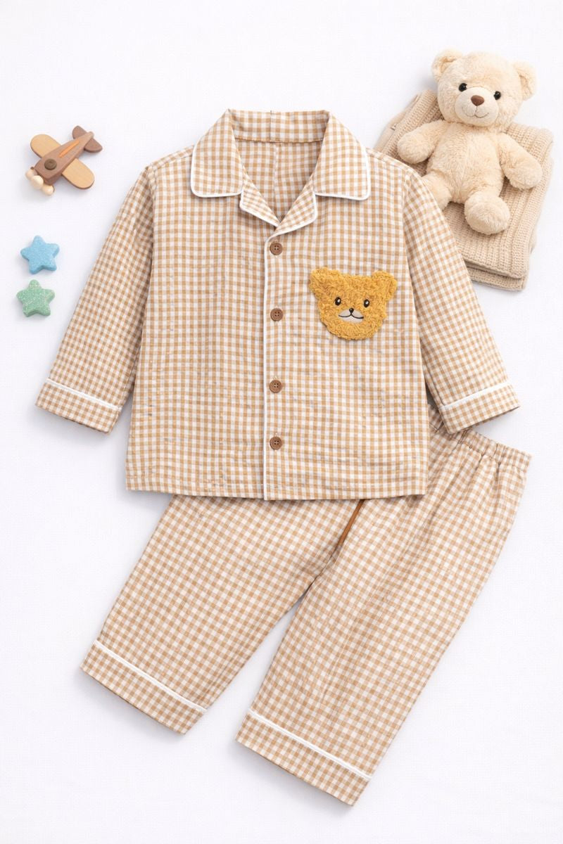 Cotton Checked Night Suit with Teddy Patch - Beige
