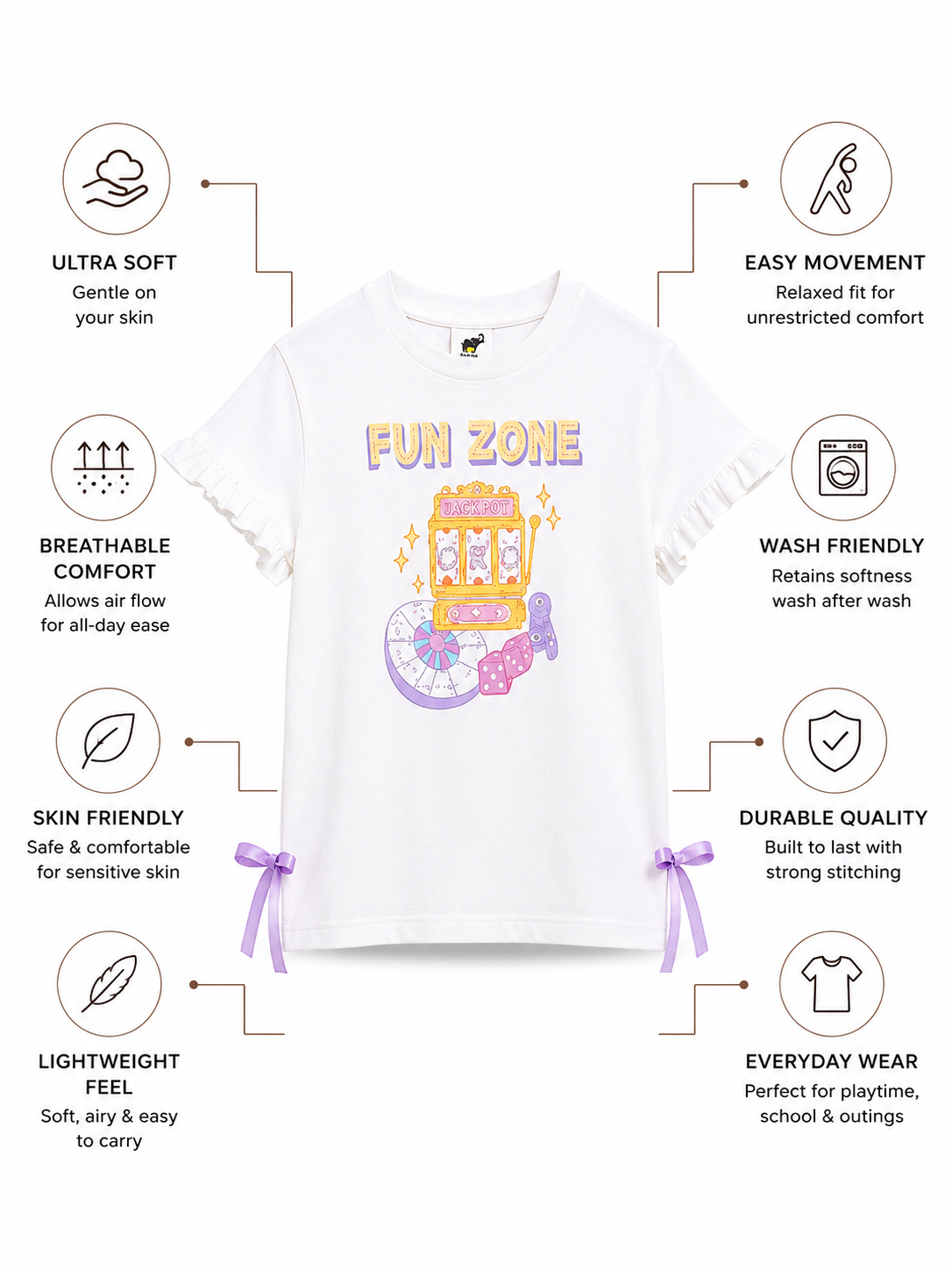 ELIZA Bamboo Graphic T-Shirt – Fun Zone Print Girls Tee with Bow Detail