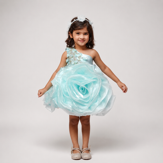Green Flower Dress With Silver Embellished Hand Embroidery
