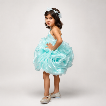 Green Flower Dress With Silver Embellished Hand Embroidery
