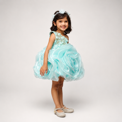 Green Flower Dress With Silver Embellished Hand Embroidery