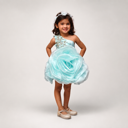 Young girl wearing a light blue floral dress on a plain background
