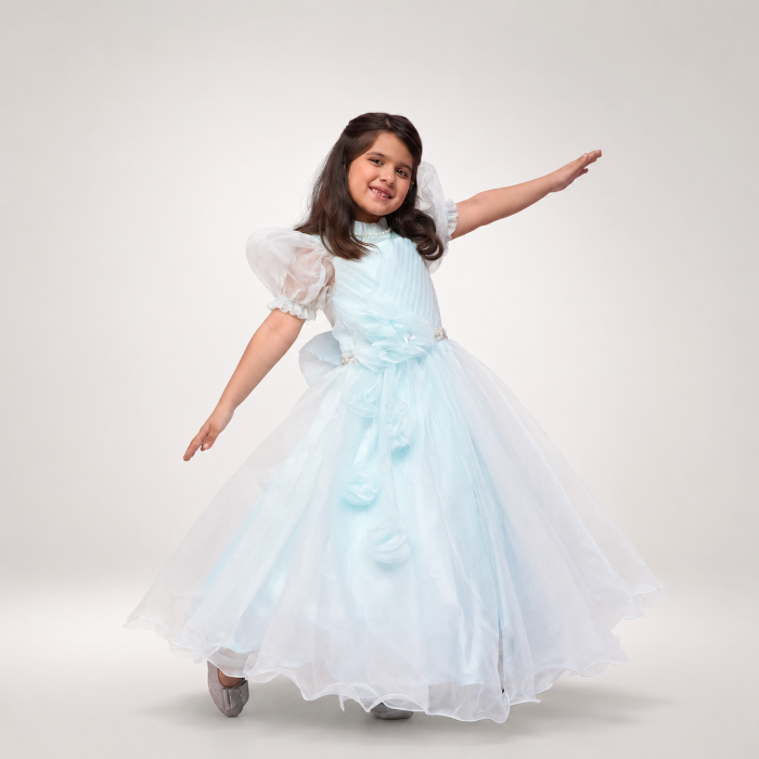Sky Blue Organza Gown With Puff Sleeves