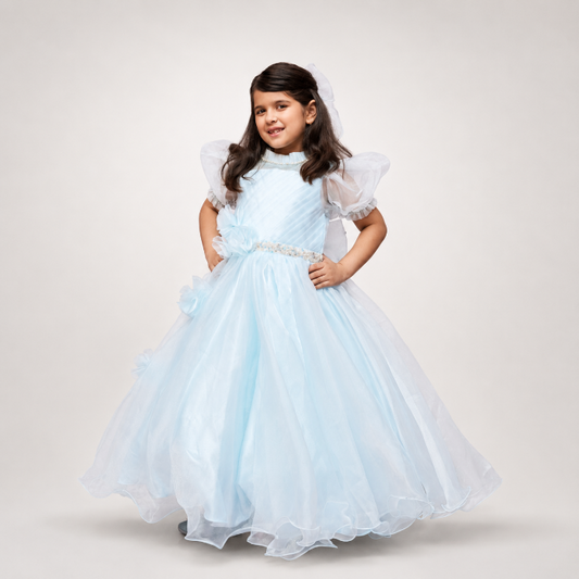 Sky Blue Organza Gown With Puff Sleeves