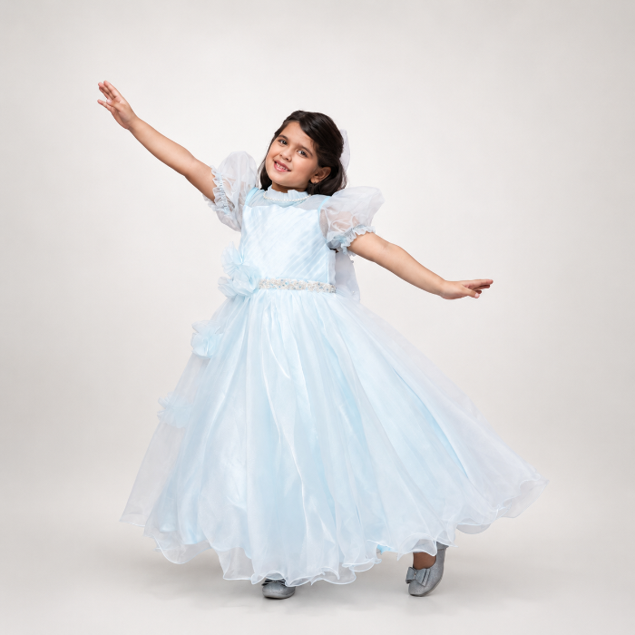 Sky Blue Organza Gown With Puff Sleeves