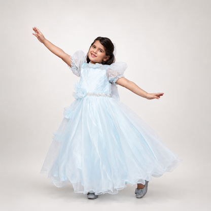 Sky Blue Organza Gown With Puff Sleeves