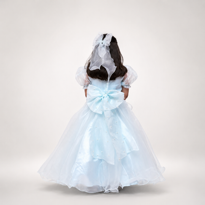 Sky Blue Organza Gown With Puff Sleeves
