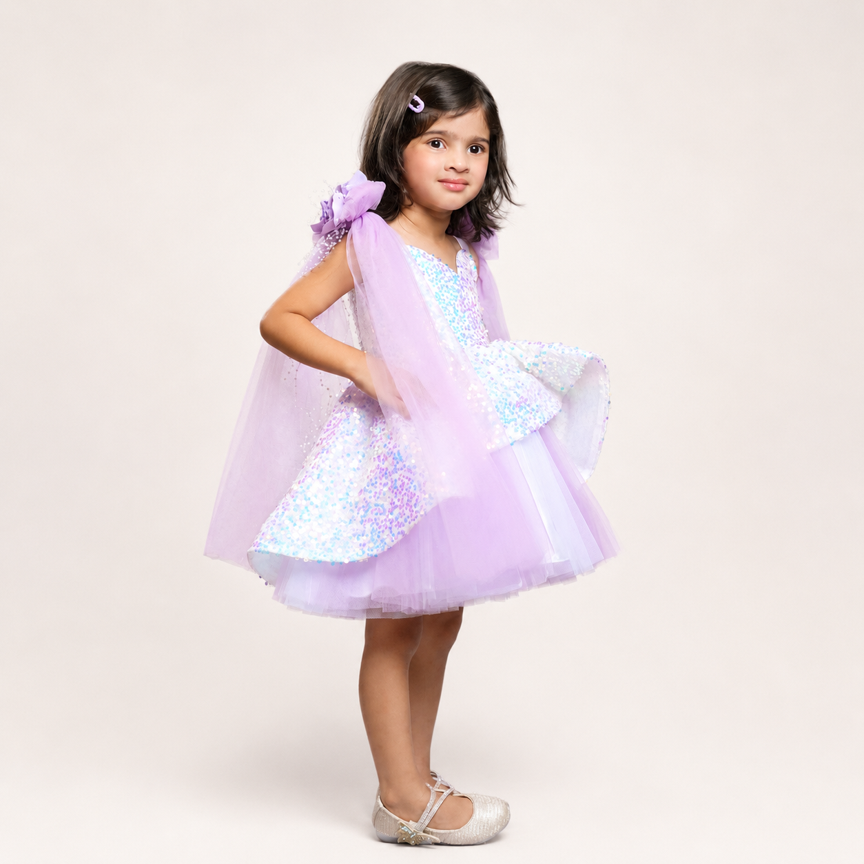 Mauve Sequin Dress With Shoulder Bow