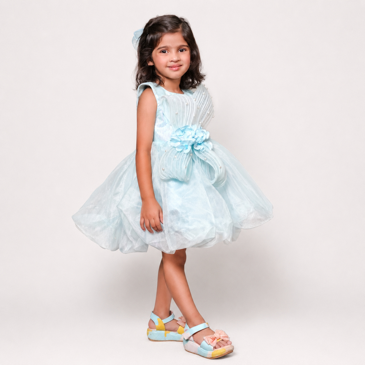 Tissue Dress Embellished With Handmade Flowers And Beads