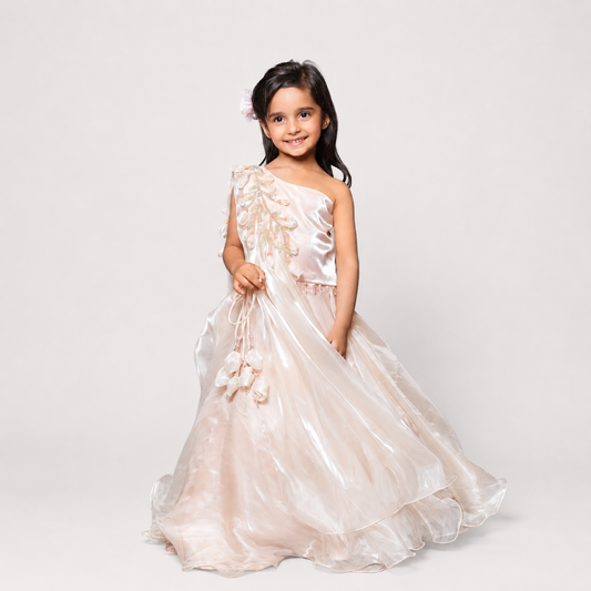 Peach Lehenga Set With Embroidery And Handmade Flower Embellishment