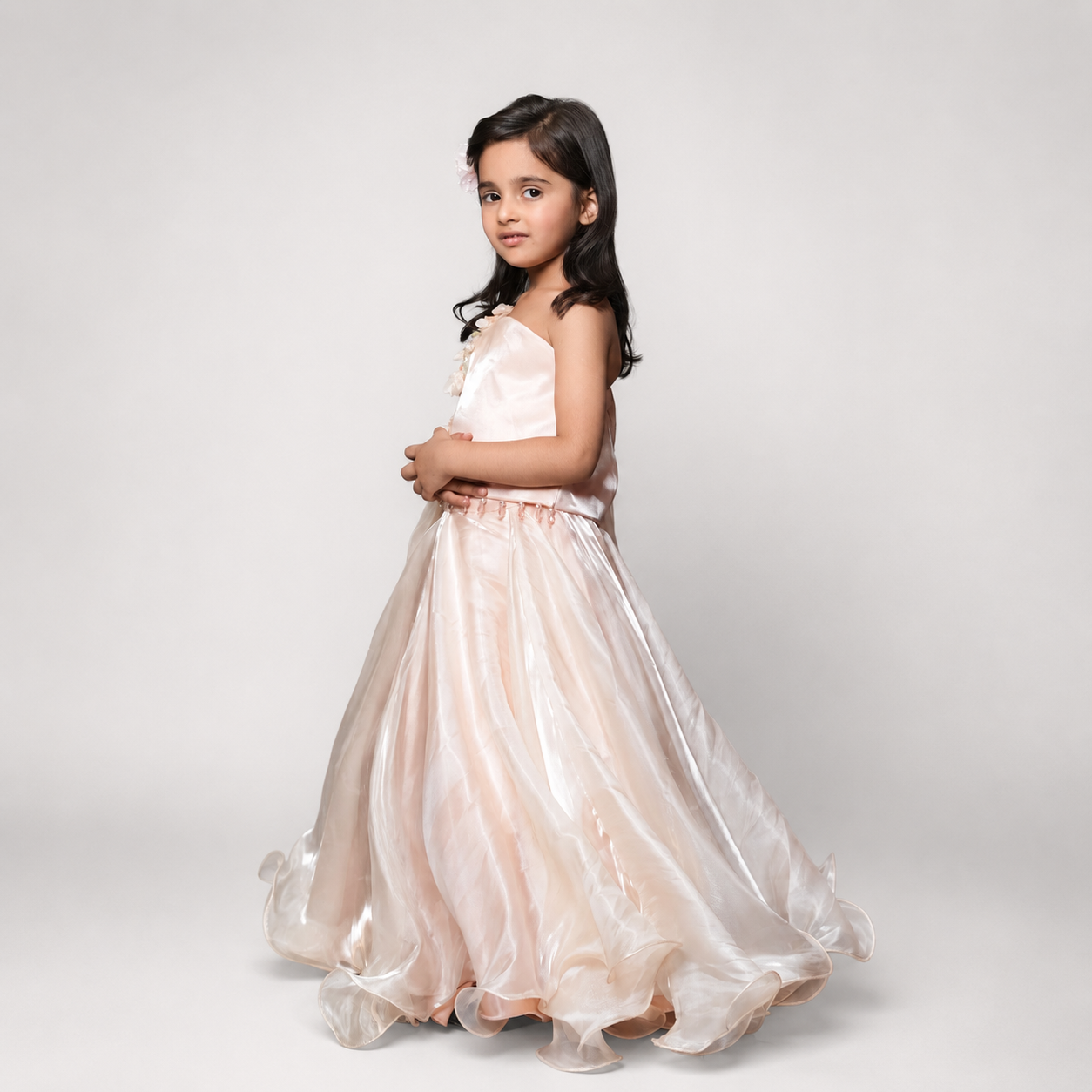 Peach Lehenga Set With Embroidery And Handmade Flower Embellishment