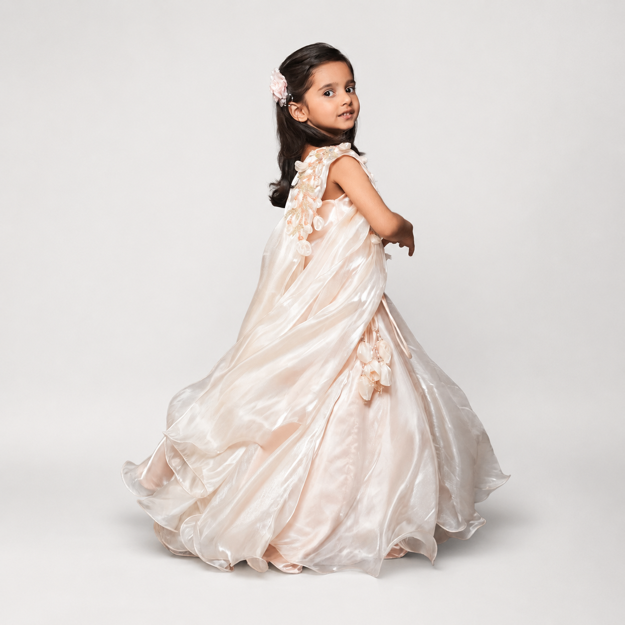 Peach Lehenga Set With Embroidery And Handmade Flower Embellishment