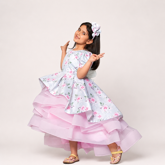 Printed Glaze Cotton Asymmetric Gown With Net And Handmade Detachable Butterfly At The Back