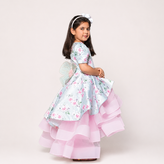 Printed Glaze Cotton Asymmetric Gown With Net And Handmade Detachable Butterfly At The Back