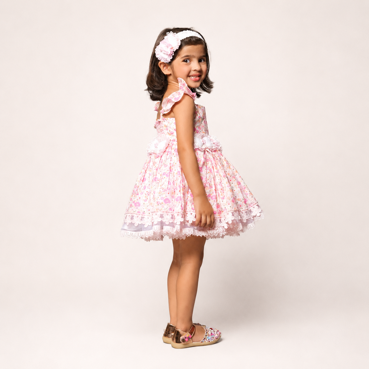 Floral Printed Dress Embellished With Flower Belt