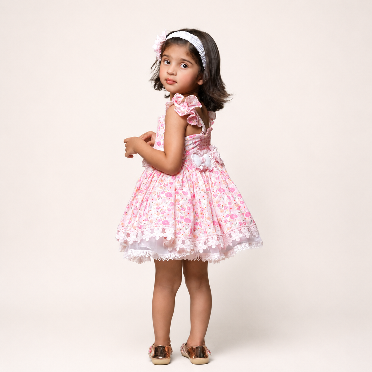 Floral Printed Dress Embellished With Flower Belt