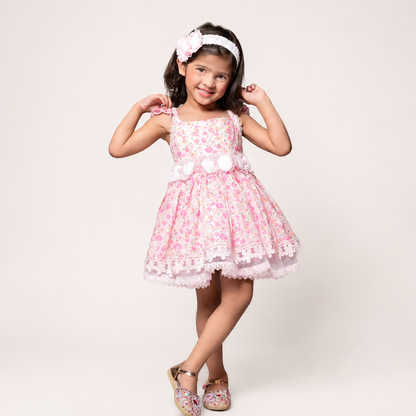 Floral Printed Dress Embellished With Flower Belt