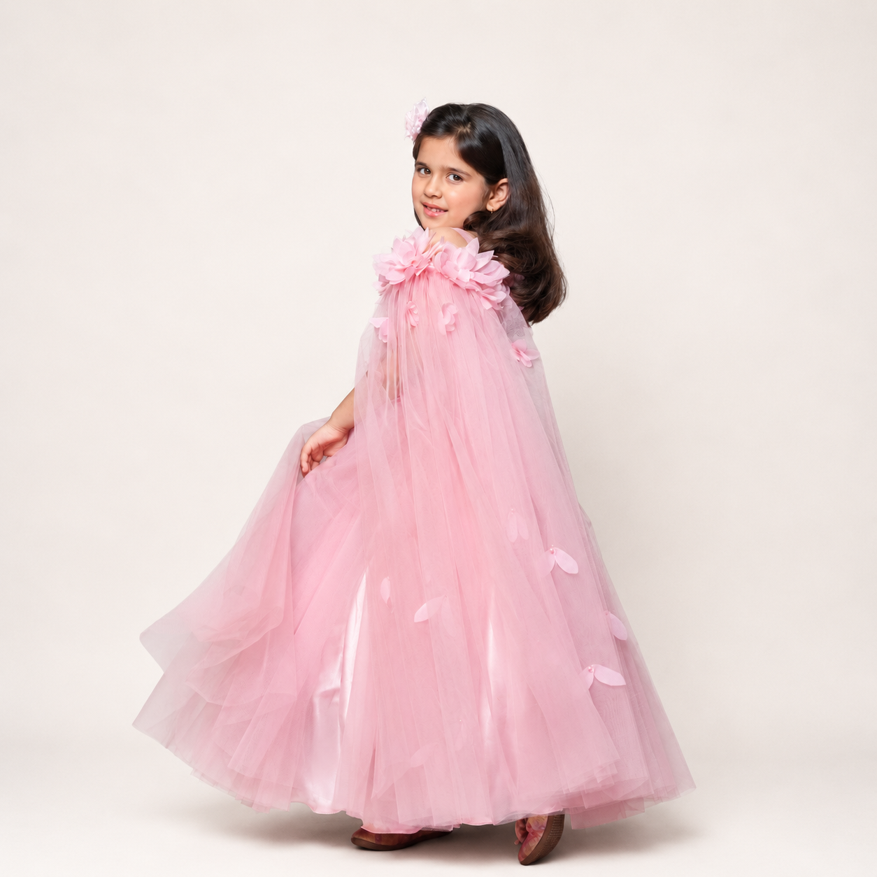 Pink Flared Gown With Handmade Flower And Flowing Open Sleeves