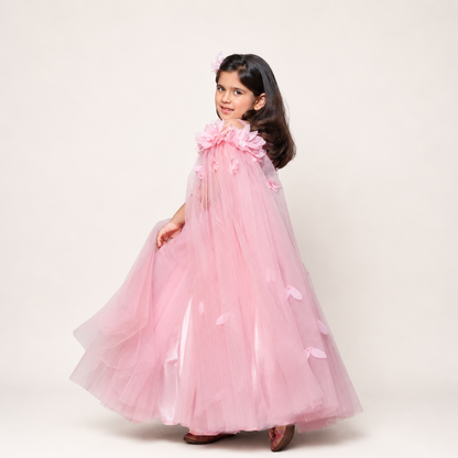 Pink Flared Gown With Handmade Flower And Flowing Open Sleeves