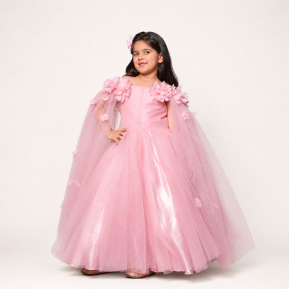 Pink Flared Gown With Handmade Flower And Flowing Open Sleeves