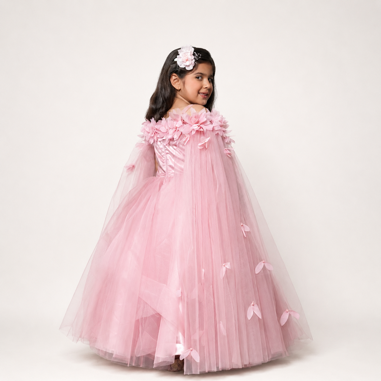 Pink Flared Gown With Handmade Flower And Flowing Open Sleeves