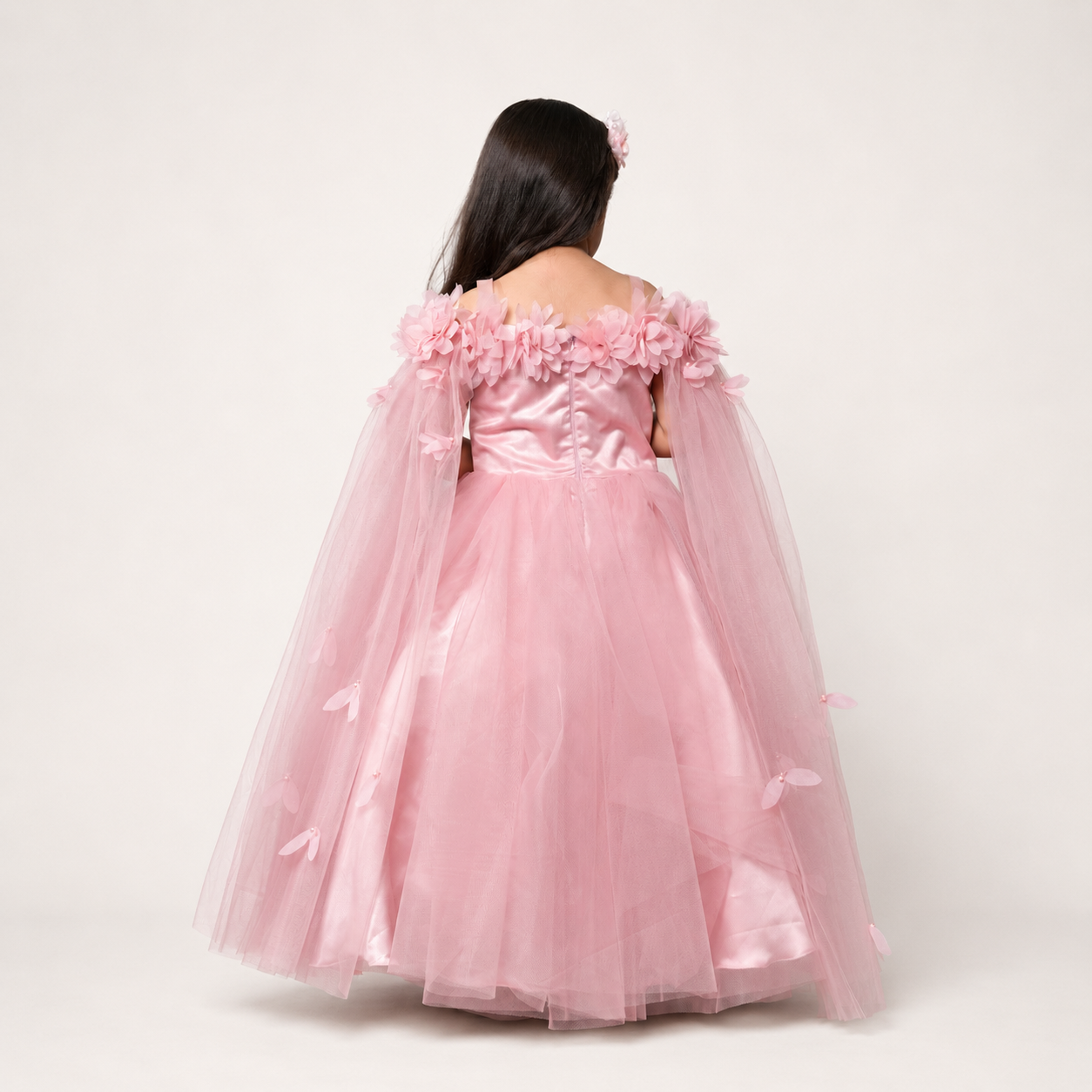 Pink Flared Gown With Handmade Flower And Flowing Open Sleeves
